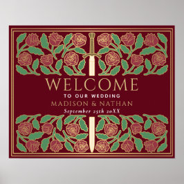 Röd Guld Blommig Svärd Kunglig Bröllops Välkomstsk Poster