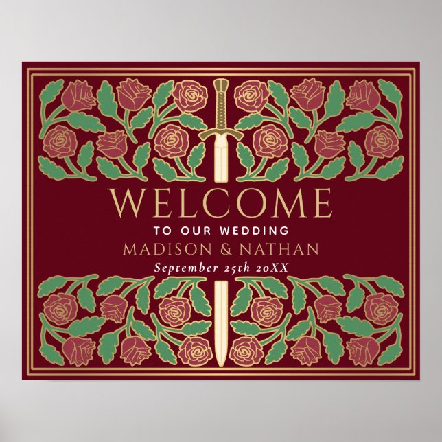 Röd Guld Blommig Svärd Kunglig Bröllops Välkomstsk Poster (Framsidan)