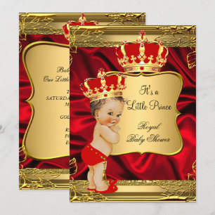 Röd Guld Brunett Baby Pojke Prins Baby Shower Inbjudningar