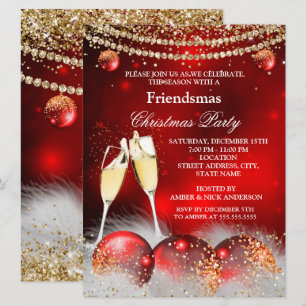 Röd Guld Champagne Friendsmas Julfest Inbjudningar