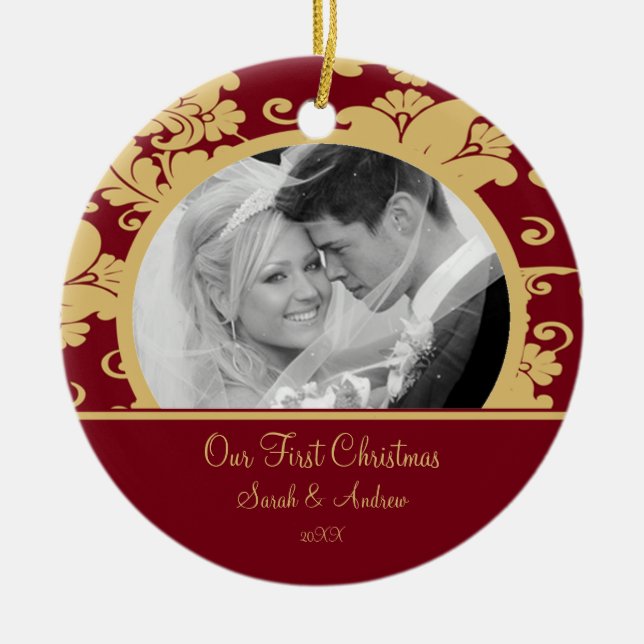 Röd & guld- damast för första julfotoprydnad julgransprydnad keramik (Framsidan)