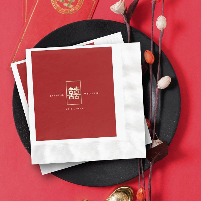 Röd & Guld Enkel Dubbel Lycka Kinesisk Bröllopsfes Pappersservett (Red/ Gold Simple Rectangle Double Happiness 囍 Chinese Wedding Paper Napkins @ fatfatin_red_knot)