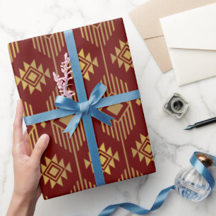 Röd & guld etnisk ikat geometric mönster presentpapper