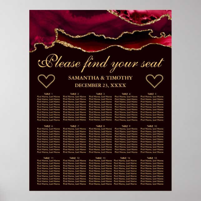 Röd Guld Falsk Glitter Agat Bröllops Sittplatskart Poster (Framsidan)