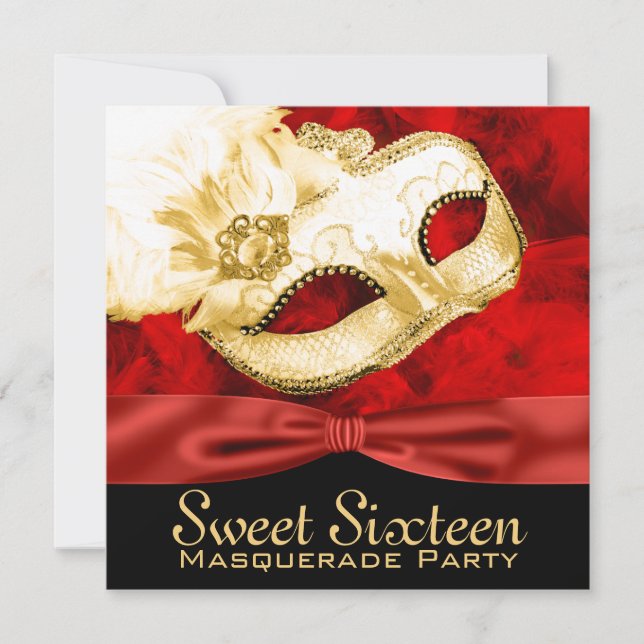 Röd Guld Fjäder Sweet 16 Maskeradfest Inbjudningar (Framsida)
