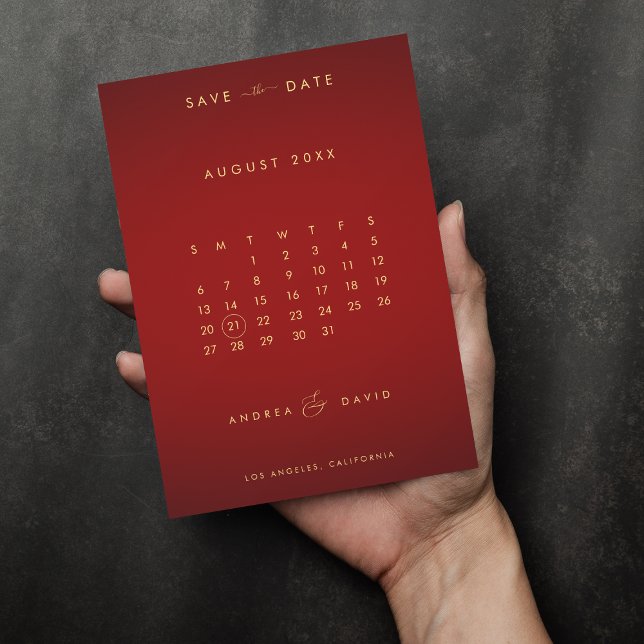 Röd Guld Foto Et-tecken Monogram Kalender Bröllop Spara Datumet (Skapare uppladdad)