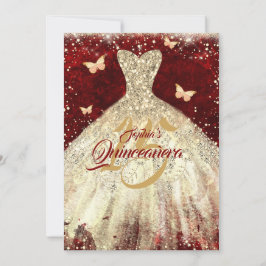 Röd Guld Glänsande Fjärils Klänning Quinceanera Inbjudningar