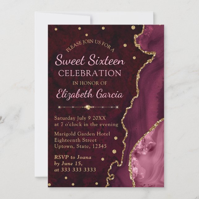Röd & Guld Glitter Agat och marmor Sweet 16 Inbjudningar (Framsida)