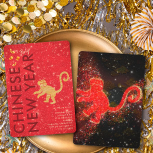 Röd Guld Glitter Apa Lunar Nyår Fest Inbjudningar