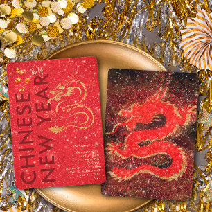 Röd Guld Glitter Drak Lunar Nyår Fest Inbjudningar