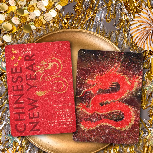 Röd Guld Glitter Drak Lunar Nyår Fest Inbjudningar (Skapare uppladdad)