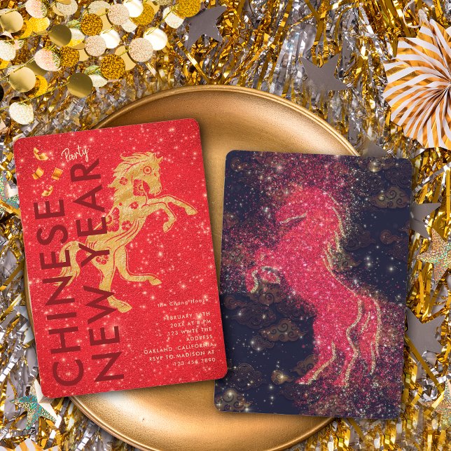 Röd Guld Glitter Häst Lunar Nyår Fest Inbjudningar (Skapare uppladdad)