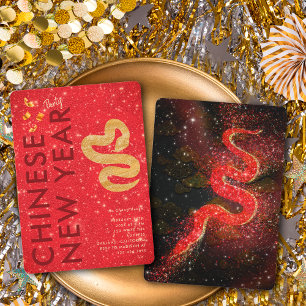 Röd Guld Glitter Orm Lunar Nyår Fest Inbjudningar