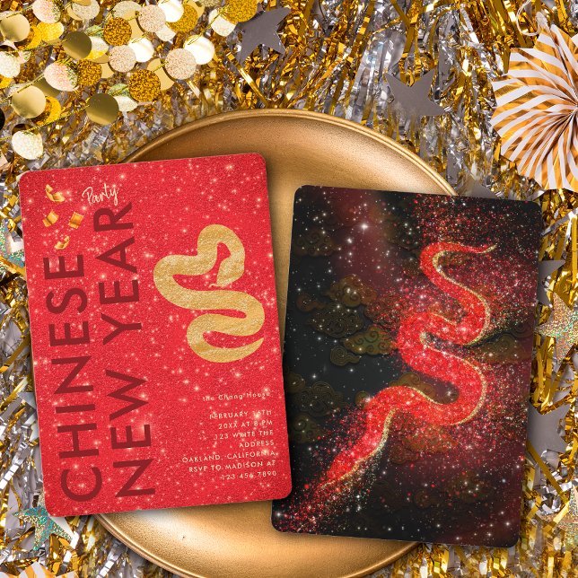 Röd Guld Glitter Orm Lunar Nyår Fest Inbjudningar (Skapare uppladdad)