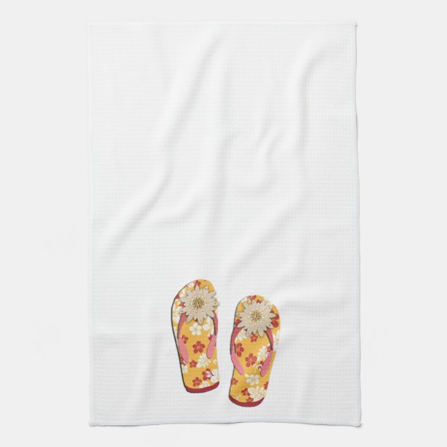 Röd & guld- hibiskusblommaflinflip flops på vit kökshandduk (Vertikal)