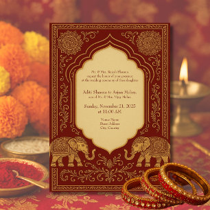 röd guld hinduisk elefant utsmyckad mandala bröllo inbjudningar