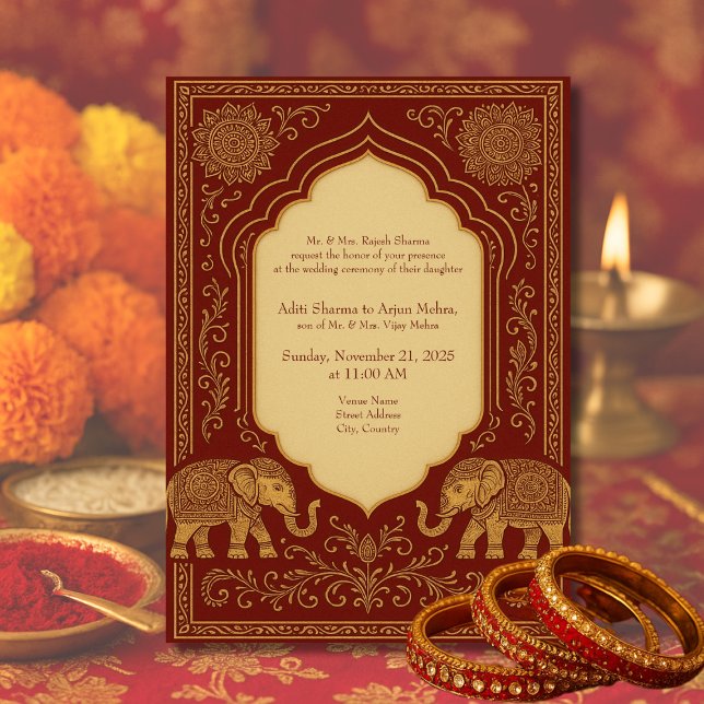 röd guld hinduisk elefant utsmyckad mandala bröllo inbjudningar (Skapare uppladdad)
