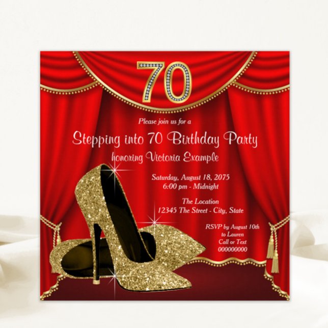 Röd guld högklackad stege in i 70-årsfest inbjudningar (Elegant red and gold shoes 70th birthday party invitation. Simply add your event details.)