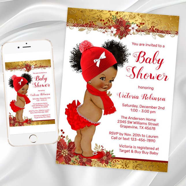 Röd Guld Jul Bebis Shower Inbjudningar (Adorable Girl Christmas Baby Shower Invitation. Instant download and printed invitations available.)