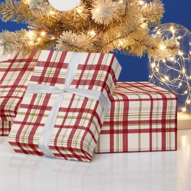 Röd guld jul festlig rutig elfenbensmönster presentpapper (Helgdagar)