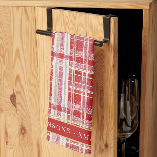 Röd Guld Julrutigt Mönster#2 ID1009 Kökshandduk (Thirds Fold)