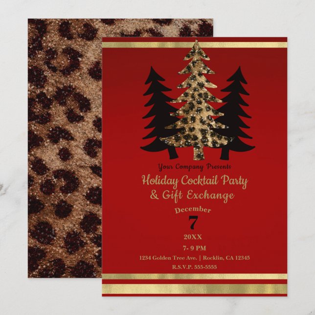 Röd Guld Leopard Glam Julgran Party Inbjudningar (Fram/baksida)