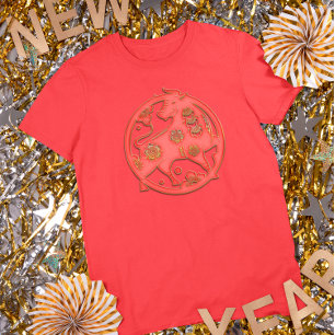 Röd Guld Lunar Nyår Oxe Kinesisk Zodiakus T Shirt