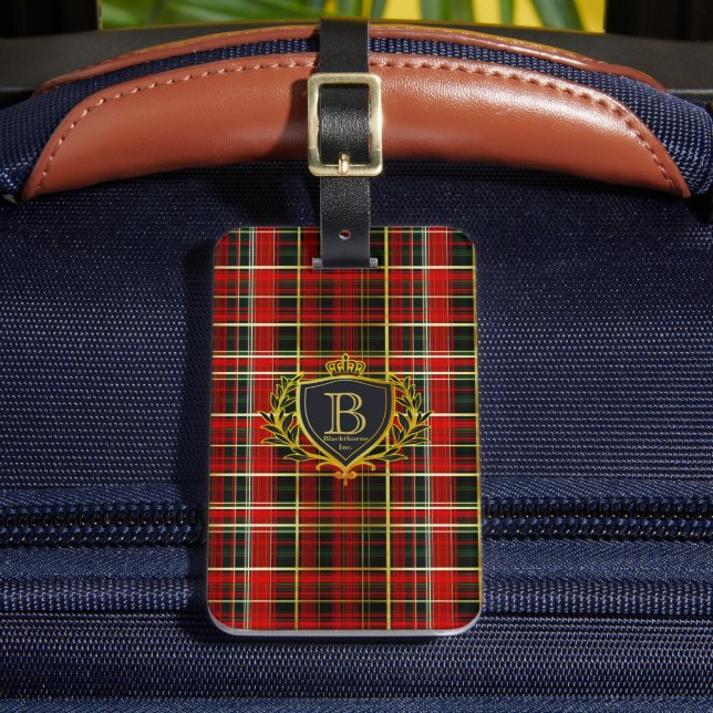 Röd Guld Lyx Monogram Tartan Bagageetikett Bagagebricka (Framsida Insitu 2)