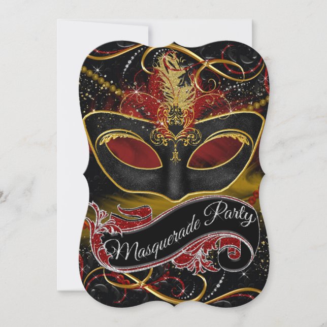 Röd & Guld Maskerad Glittermask Inbjudningar (Framsida)