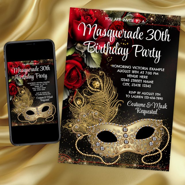 Röd Guld Maskeradfest Inbjudningar (Red Gold Masquerade Party Invitation. Masquerade any number invitation and event. Digital and print.)