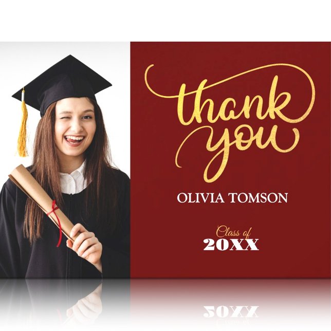 Röd & Guld Modern Examens Kackelkort för Bilder Tack Kort (Red & Gold Modern Graduation Thank You Photo Card, Class of 2026, Graduation 2026)