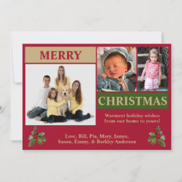 Röd, guld och grön modern julkort med 3 bilder