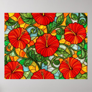 Röd Guld Orange Hibiskus Falskt Glasmosaik Poster