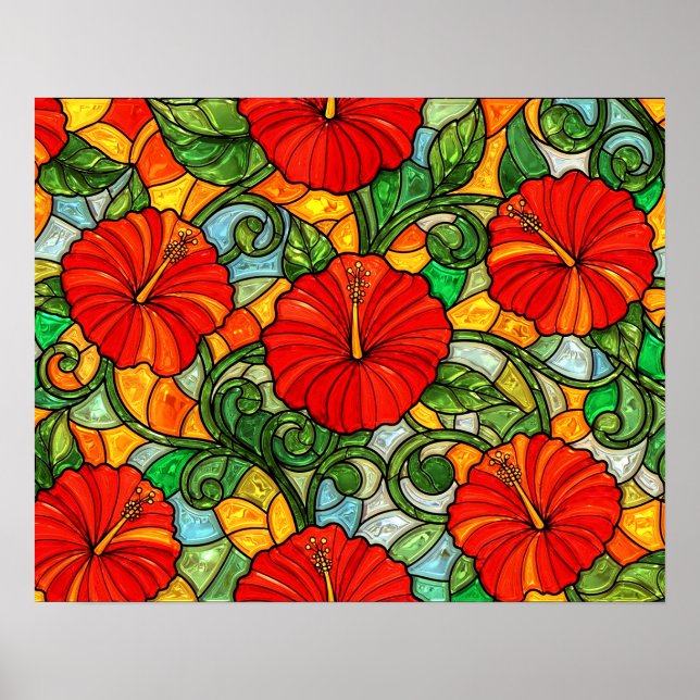 Röd Guld Orange Hibiskus Falskt Glasmosaik Poster (Framsidan)