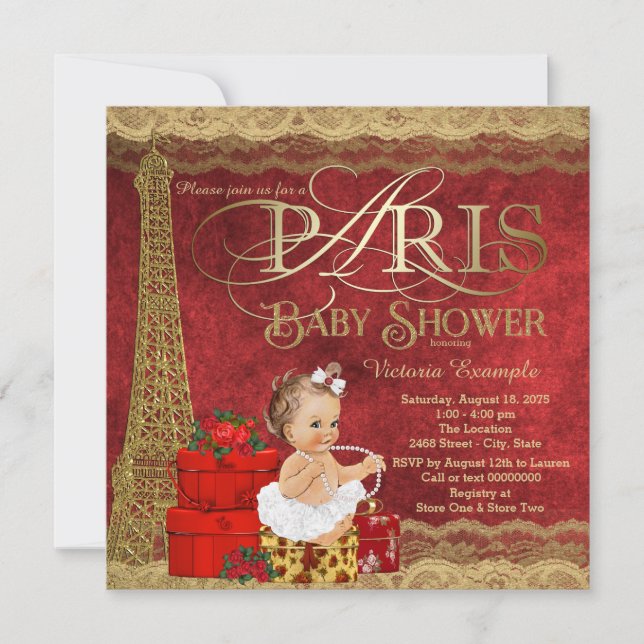 Röd Guld Paris Baby Shower Inbjudningar (Framsida)
