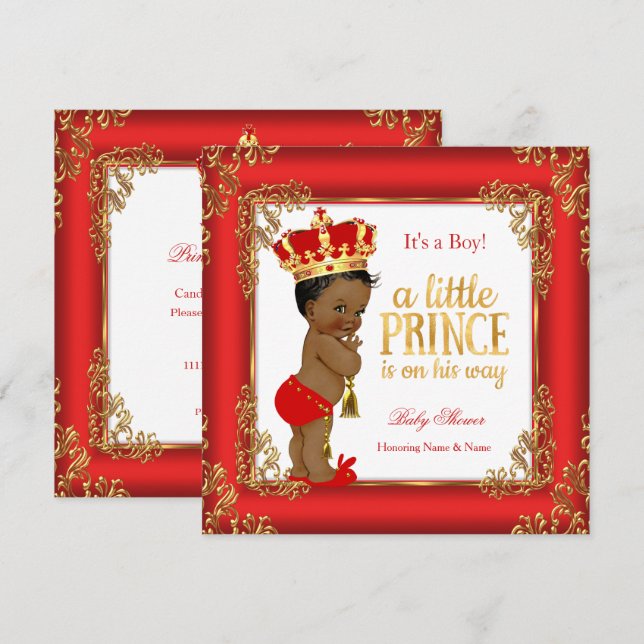 Röd Guld Prins Baby Shower Damask Etnisk Pojke Inbjudningar (Fram/baksida)