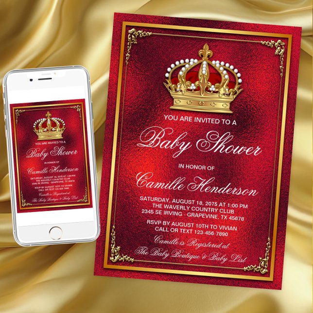 Röd Guld Prins Bebis Shower Inbjudningar (Red gold prince baby shower any occasion invitation. Download and printed invitations available.)