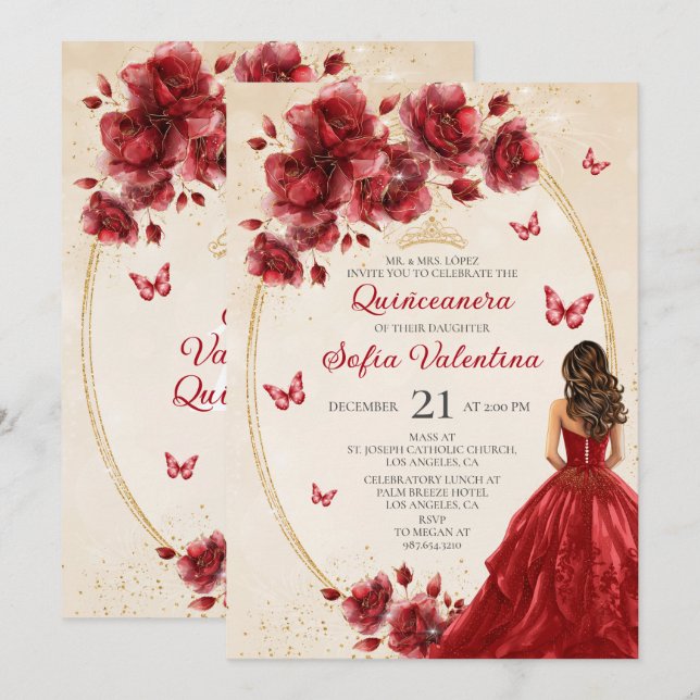 Röd & Guld Quinceañera-inbjudan Inbjudningar (Fram/baksida)