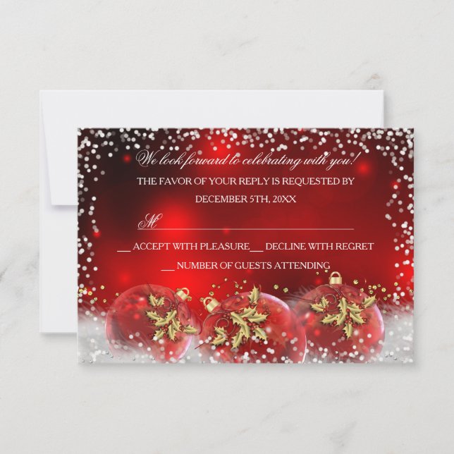 Röd Guld Snö Kulor Julfest RSVP OSA Kort (Framsida)