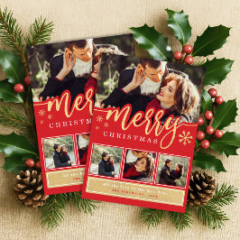 Röd guld snöflinga God Jul fotokollage Julkort