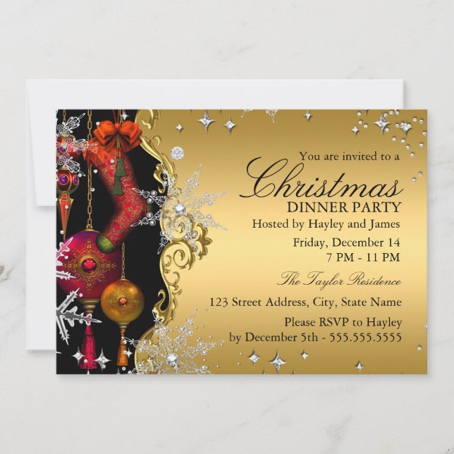 Röd Guld Snöflinga Jul Dinner Party 4a Inbjudningar (Framsida)