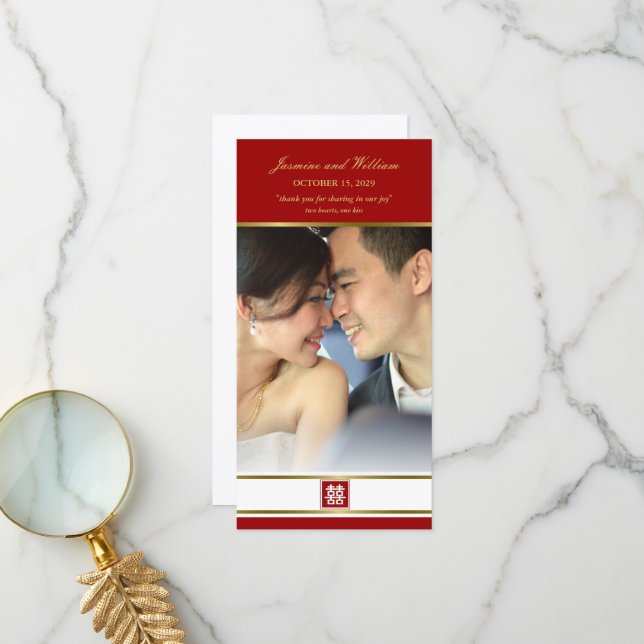 Röd & Guld Square Dubbla Happity China Bröllop Tack Kort (Fram/Back In Situ)