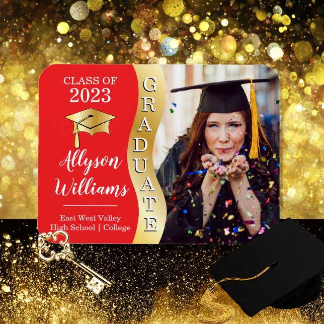 Röd | Guld Student Wave Grad Cap Photo Magnet (Skapare uppladdad)