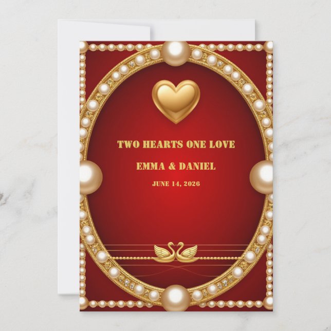 Röd Guld Svan Bröllopspar Dekoration 💍 Inbjudningar (Framsida)
