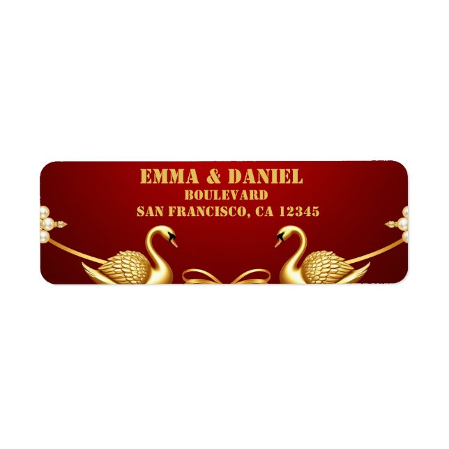Röd Guld Svan Bröllopspar Dekoration 💍 Returadress Etikett (Framsidan)