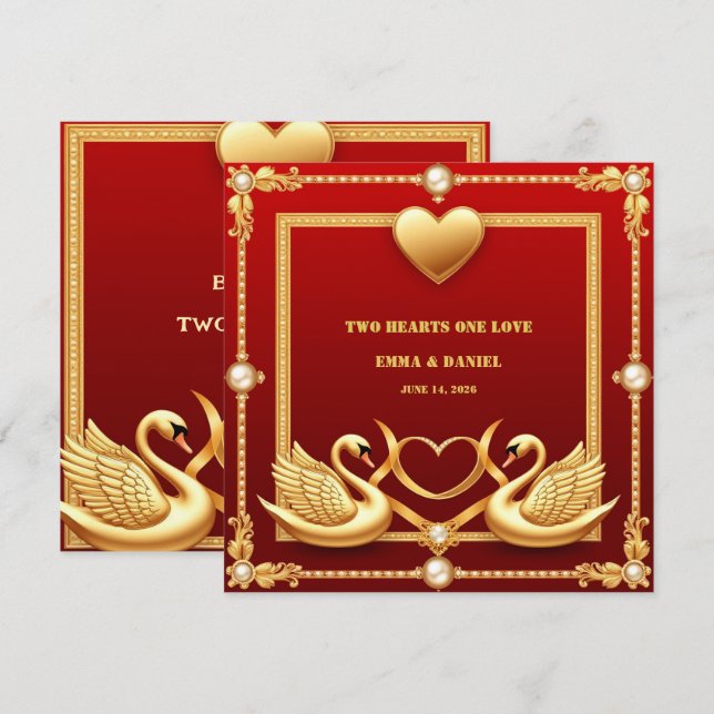 Röd Guld Svan Bröllopspar Dekoration 💍 Spara Datumet (Fram/baksida)