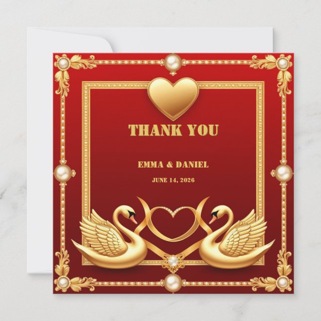 Röd Guld Svan Bröllopspar Dekoration 💍 Tack Kort (Framsida)