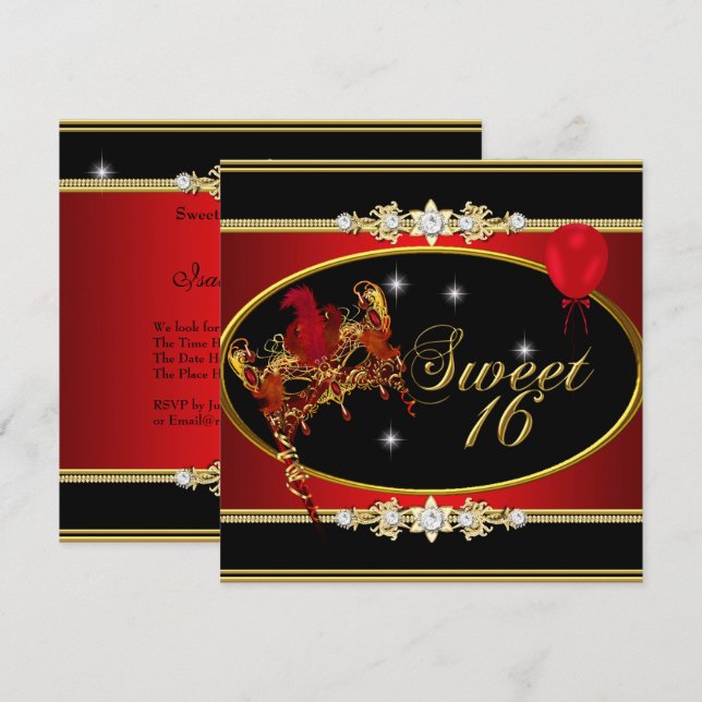 Röd Guld Sweet Sixteen Sweet 16 Maskerad Inbjudningar (Fram/baksida)
