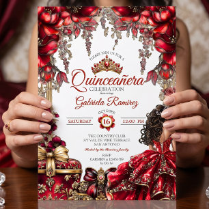 Röd Guld Tiara Blommig Quinceañera Inbjudningar