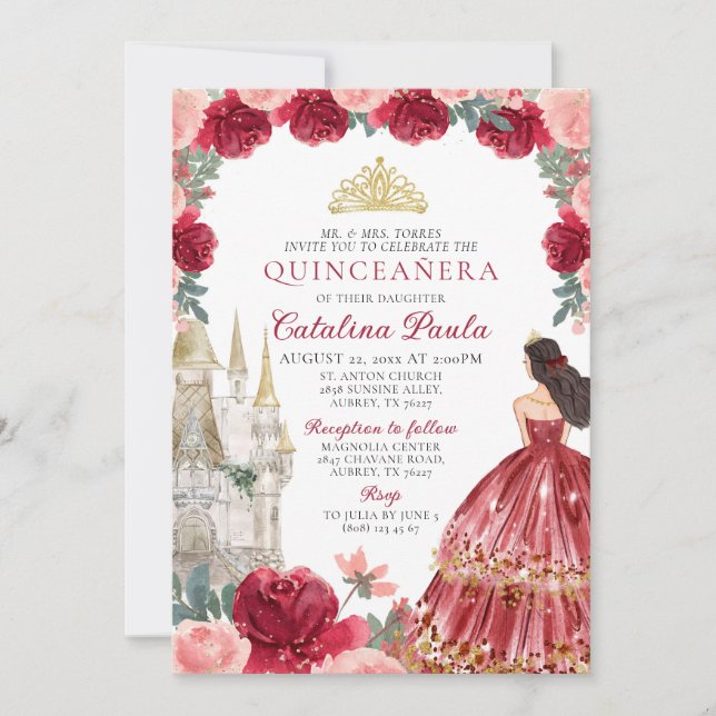 Röd guld tiara prinsessa Quinceañera inbjudan (Framsida)